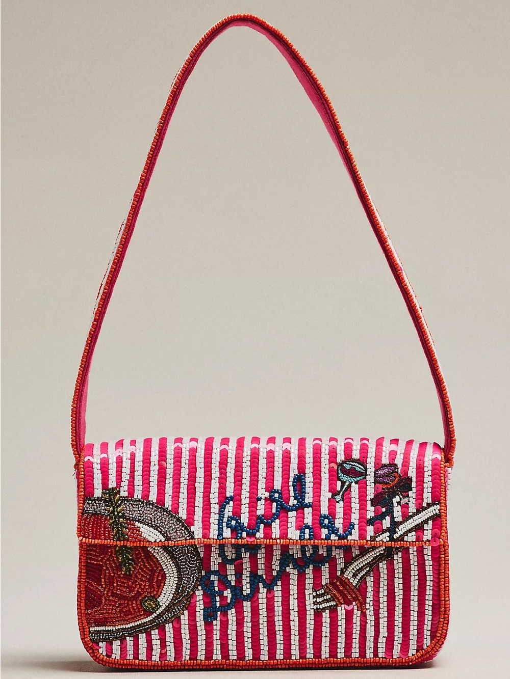 Anthropologie Pink Striped Beaded Shoulder Bag with Multicolor Embroidery